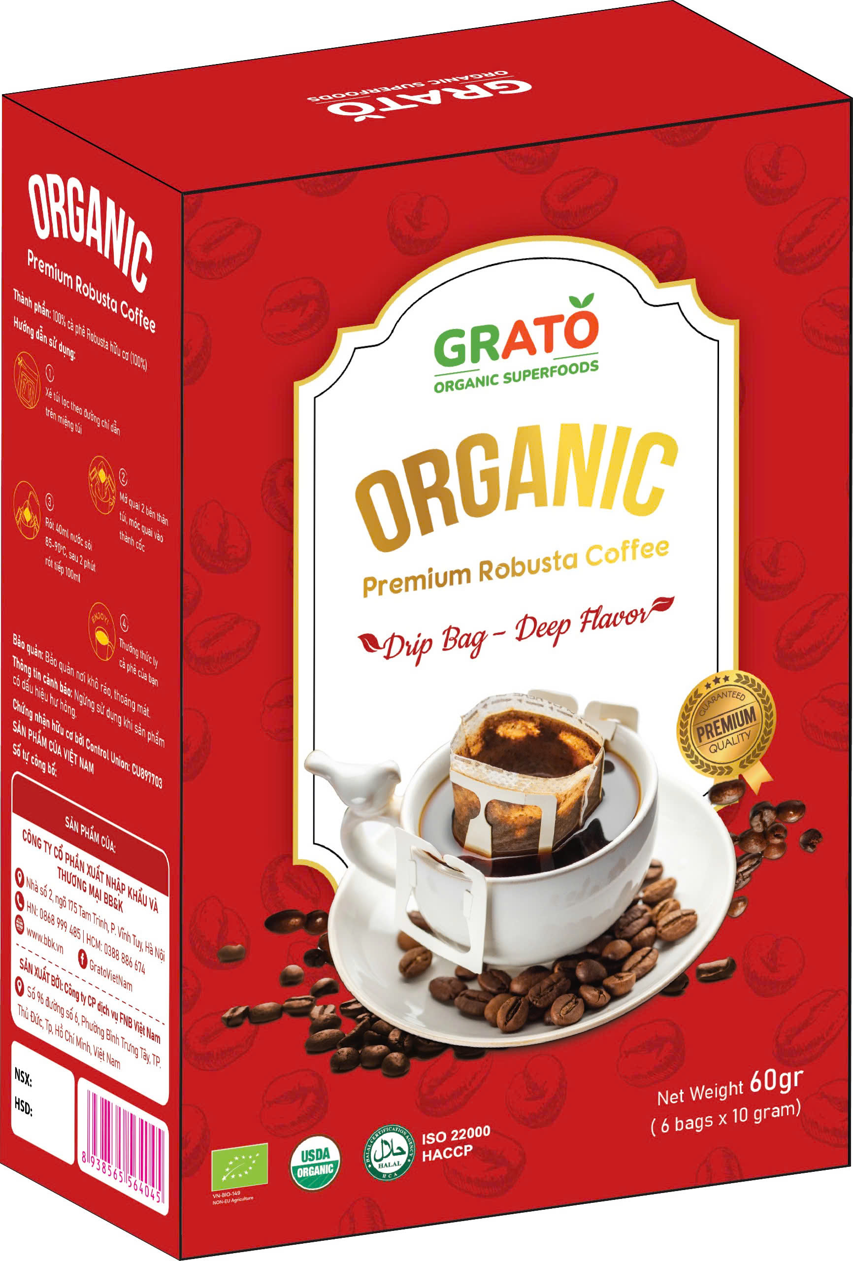 Cà phê Robusta hữu cơ phin giấy Grato 60Gr