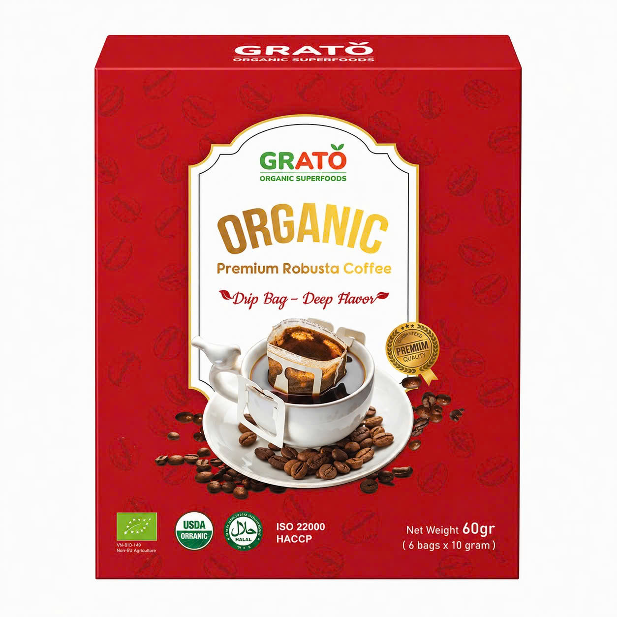 Cà phê Robusta hữu cơ phin giấy Grato 60Gr